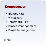 Kompetenzen 	Elektrizitts-wirtschaft 	Informatik ITK 	Prozessmanagement 	Projektmanagement  mehr...